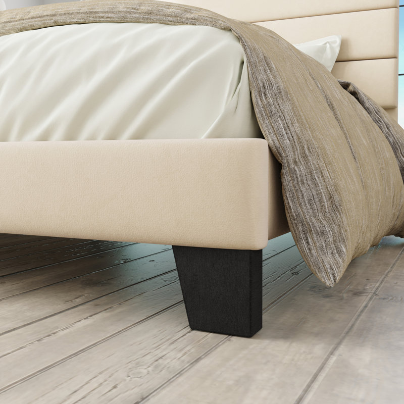 Lit plateforme Elison avec tête de lit tapissier en tissu et lattes en bois, Double, Crème