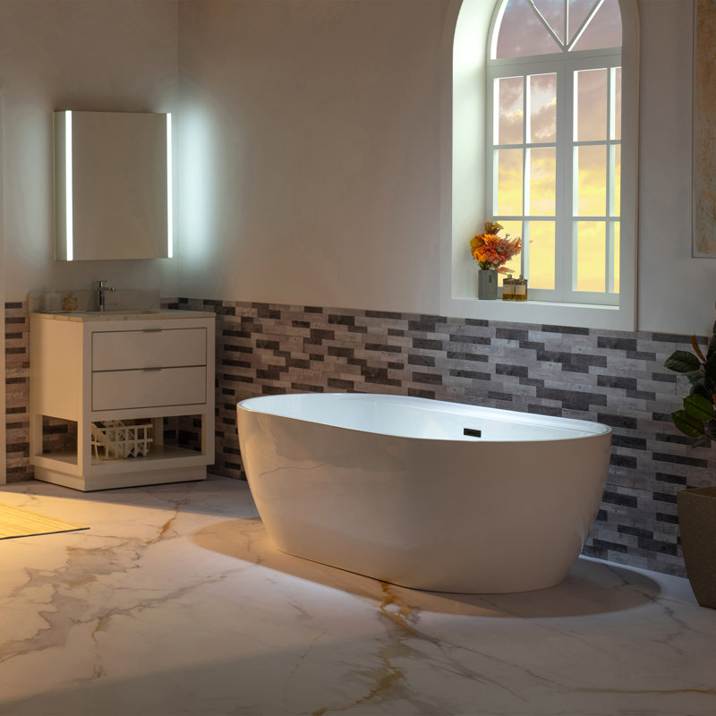 67" x 31.5" Freestanding Soaking Acrylic Bathtub, White, Matte Black
