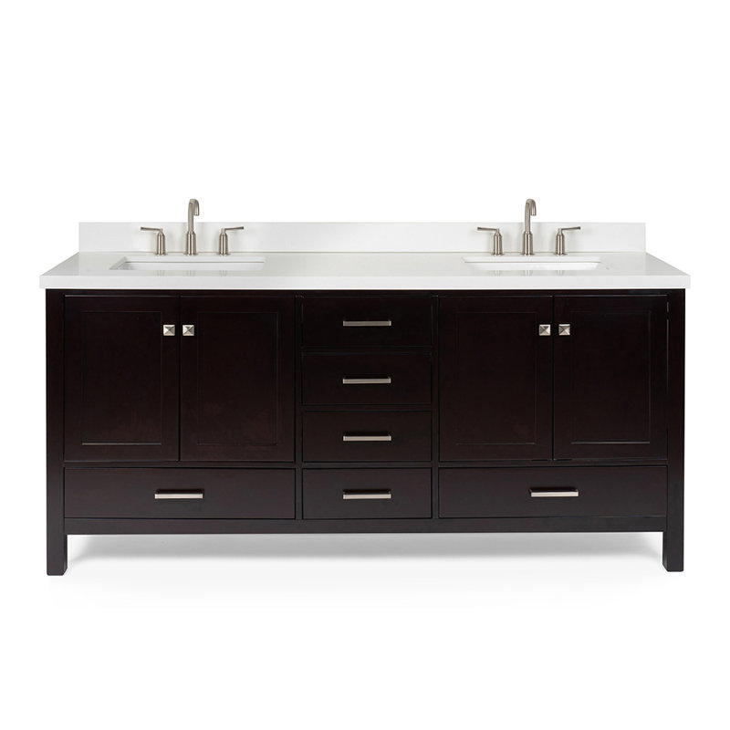 Cambridge 73'' Double Bathroom Vanity with White Quartz Top, Espresso