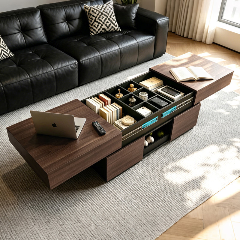 Walnut Rectangular Coffee Table With 86.2''W Extendable Sliding Top And Storage Cabinets & Hidden Compartment, Elegant Living Room Furniture