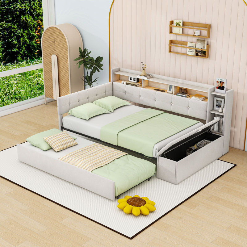 Upholstery Daybed with Storage Footstool, Trundle, Shelves, LED Strip and USB Ports, Beige, Full