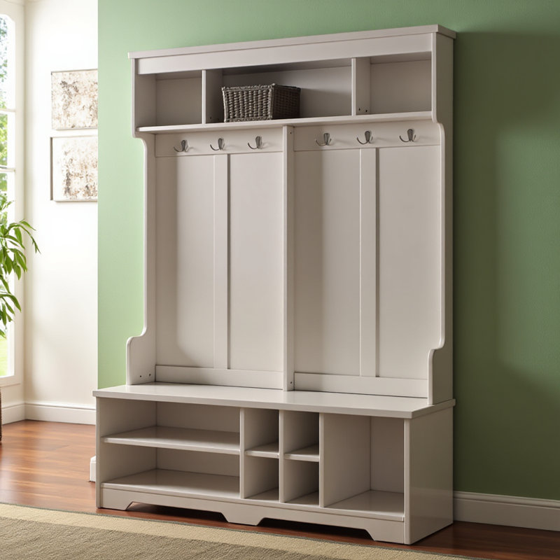 Modern Hallway Hall Tree With Metal Hooks And Storage Space, Multi-functional Entryway Coat Rack With Shoe Cubbies, White