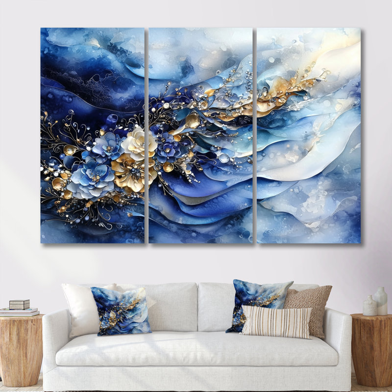 Abstrait bleu doré brise de mer - ensemble d'art mural côtier, H 40 po x l 60 po, Toile tendue, Ne s’applique pas