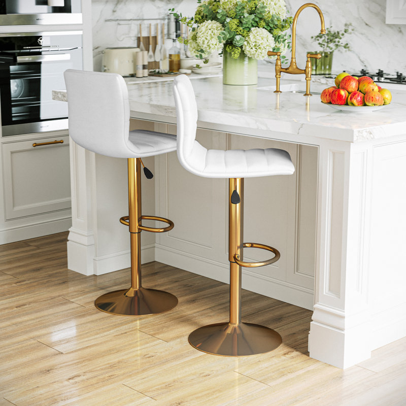Ben Modern Vinyl Adjustable Height Barstool with Horizontal Stitch Back, White, Gold