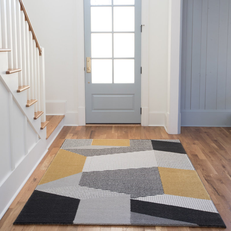 Tapis jaune / noir / gris / crème à motif abstrait Passion, Rectangle 4 pi 4 po x 6 pi