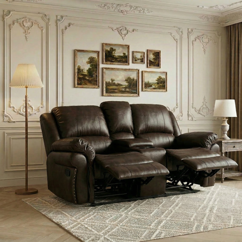 Causeuse inclinable double 73,2 po avec console - style riveté et confort partagé, Brun