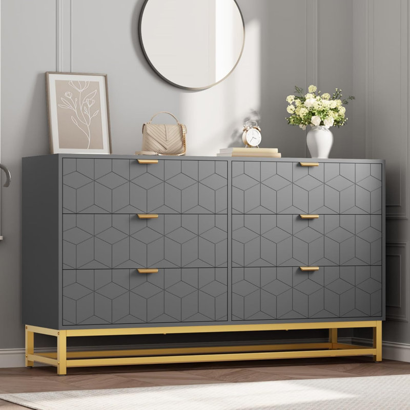 6-Drawer Dresser, Gray Wood with Metal Legs, 53.5"W Large Chest of Drawers, Modern Storage for Bedroom, Living Room, Entryway