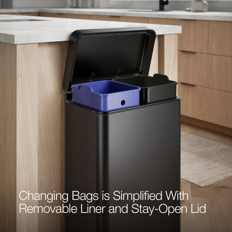 Reset 11 Gallon Dual Compartment Kitchen Trash Can, Stainless Steel Step Trash Can, Black Stainless Steel
