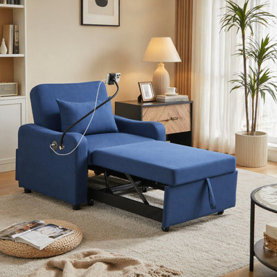Sleeper Sofa Chair Bed, 3 In 1 Convertible Sofa Chair With With Adjustable Backrest & Phone Holder & USB, Type-C, Adjustable Recliner, Armchair For Living Room Bedroom Apartment Small Space, Darkblue