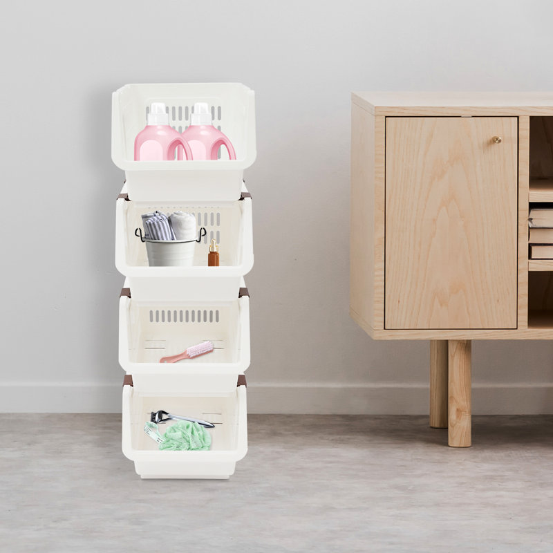9.5" 4PCS Stacking Storage Baskets Rectangular Stackable Organizer Storage Bins Modern, White