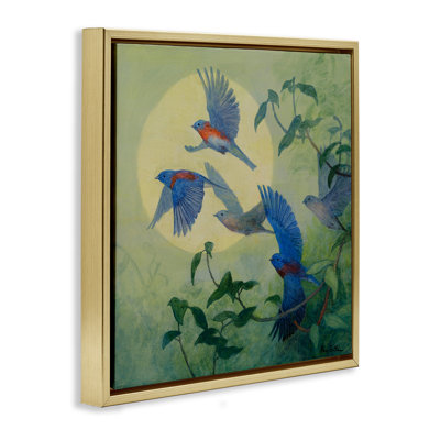 Bluebird Flock over Moon Framed Floater Canvas Wall Art, design by Floy Zittin