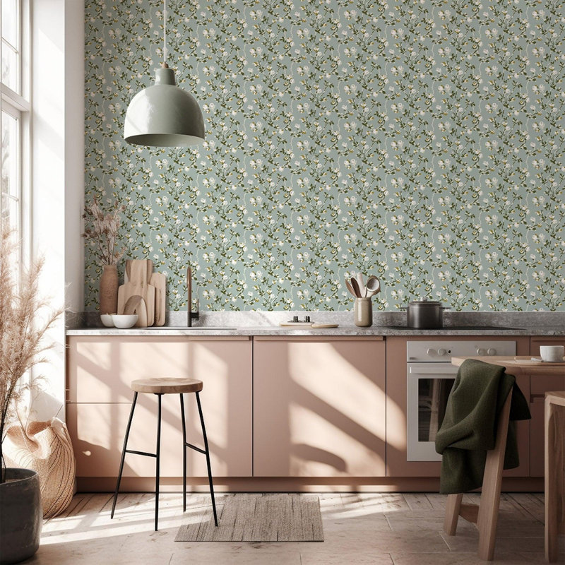 Lady Charlotte Rose Thorns 10' L x 24" W Peel and Stick Wallpaper Tile, Blue Salt, Peel & Stick