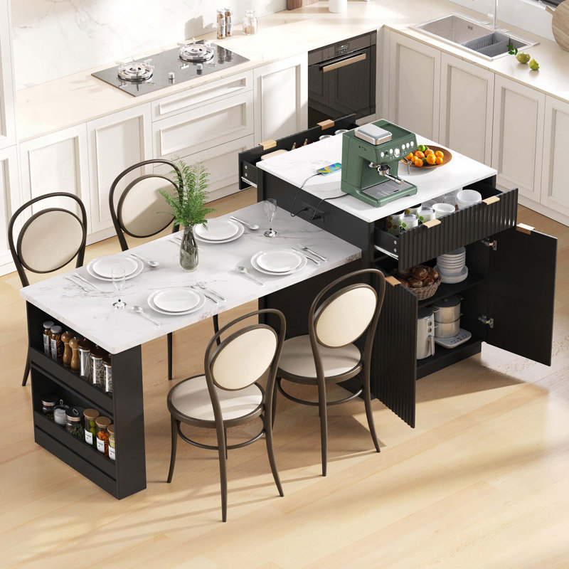 82.6 Inch Fluted Kitchen Island With Extendable Dining Table, Power Outlet, And Ample Storage For Modern Kitchens(without Chairs)