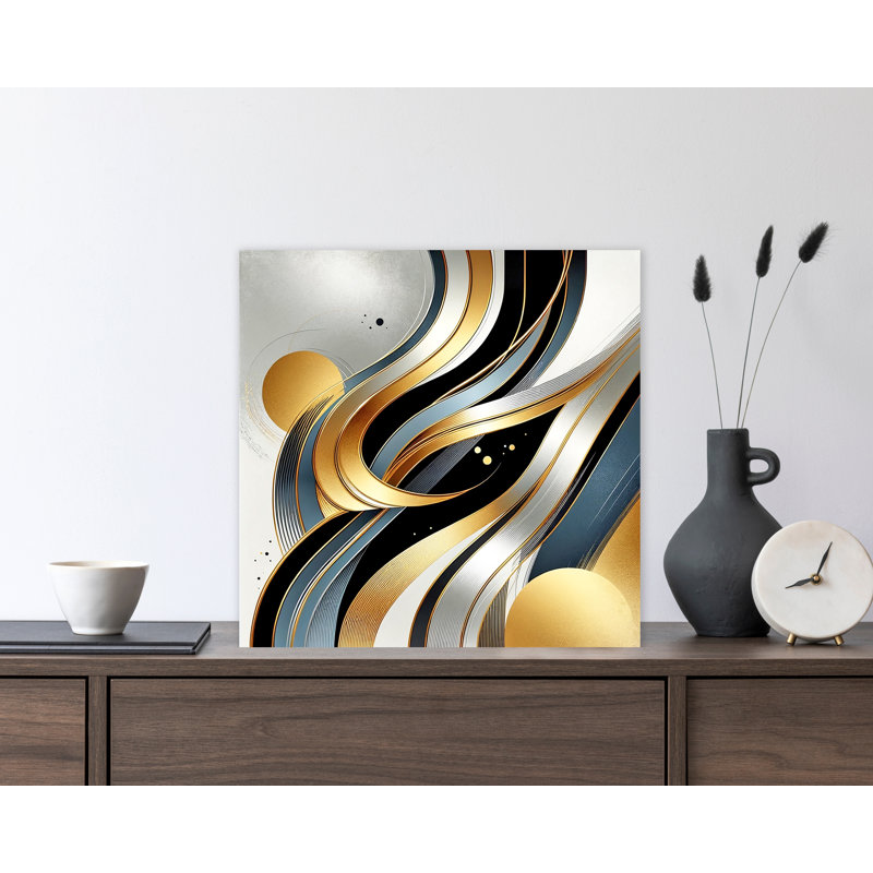 Orbiting Elegance - Art abstrait sur rayures dorées et bleu marine sur toile, H 12 po x l 12 po x P 1 po