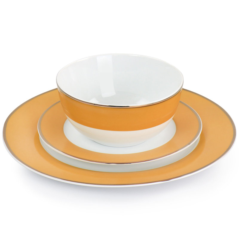 Yellow Ceramic 12-Piece Dinnerware Set with Gold Rim