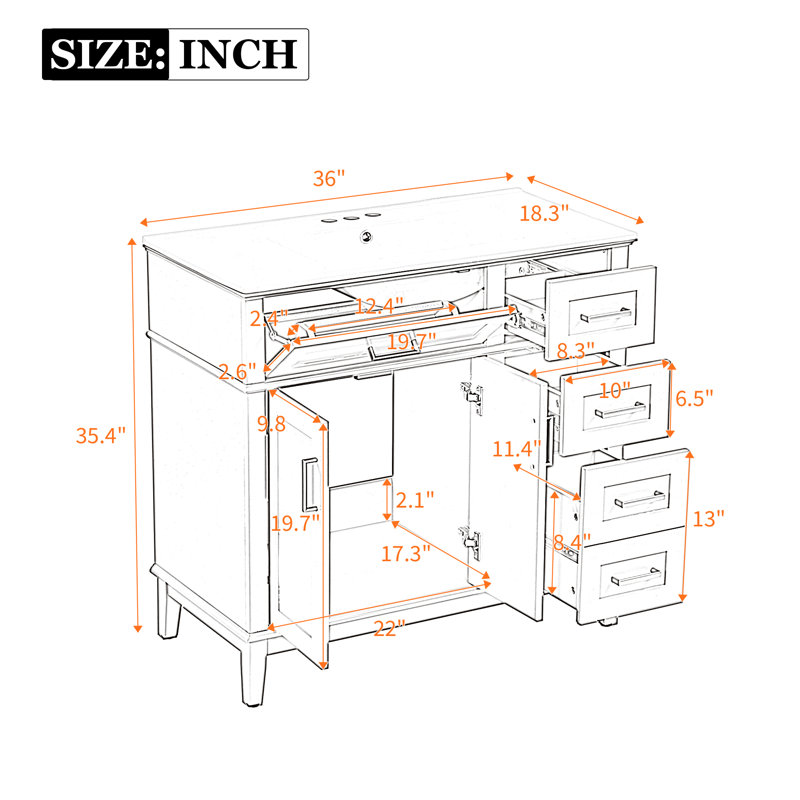 36'' Single Bathroom Vanity With Ceramic Top, White, Gold