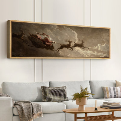 Christmas Holiday Celebration Vintage Santa Sleigh Reindeer Christmas Artwork Extra Large Pictures Framed Canvas Print Wall Art