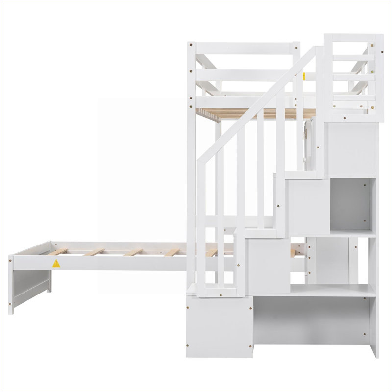 Small Space Youth Bedroom Solid Pine Twin Over Twin Loft Bed With Built-In Desk And Storage, Crisp White