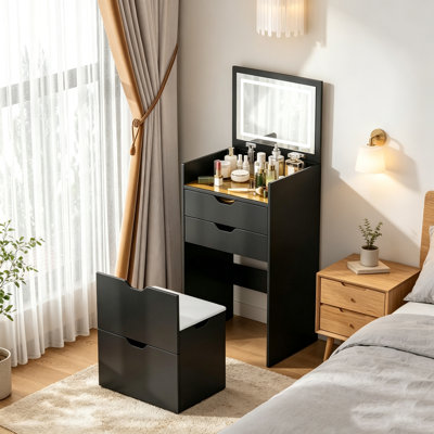 Coiffeuse 3 en 1 avec miroir escamotable éclairé, bureau de maquillage avec tiroirs de rangement et tabouret caché, coiffeuse convertible, bureau d'écriture et table de chevet pour chambre à coucher, appartement