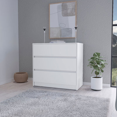 Commode 3 tiroirs Avra, plateau en bois manufacturé et commode avant