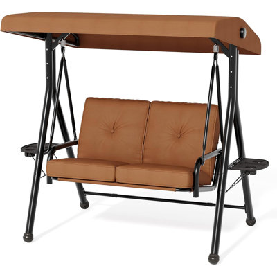 2 Seat Porch Swing with Stand, Patio Swing with Canopy & Cushions Brown
