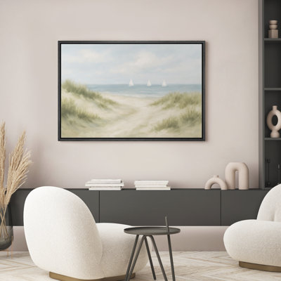 Coastal Dunes and Sailboats Canvas Wall Art, Soft Beach Landscape Framed Print for Nautical Bathroom or Bedroom Decor
