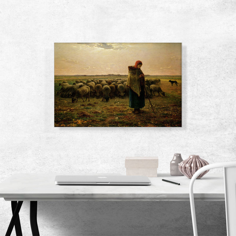 «Shepherdess with Her Flock 1864» par Jean-François Millet - reproduction d'art sur toile tendue