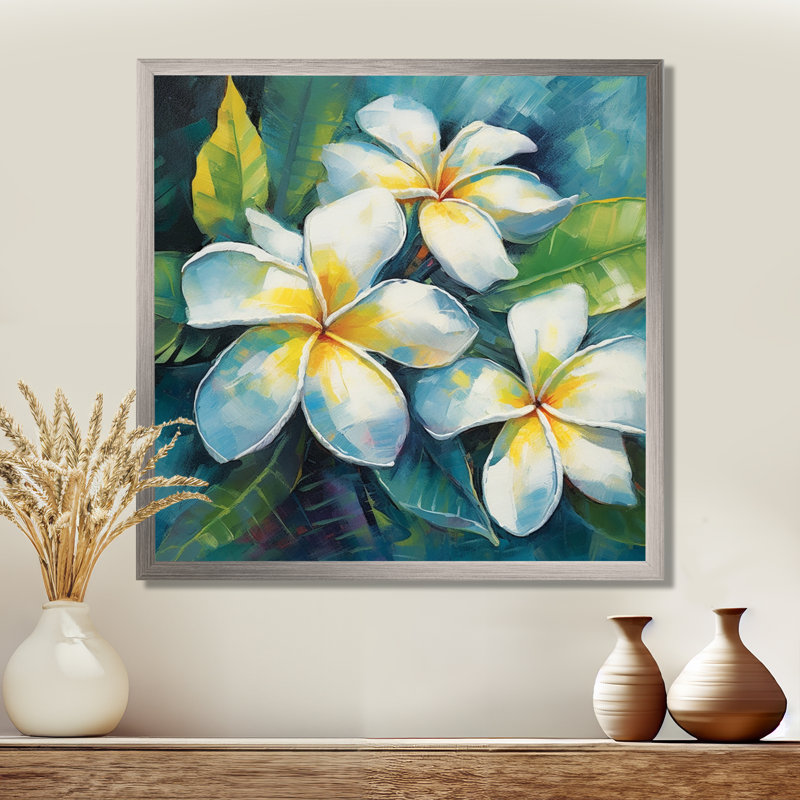 «White Plumeria Symphony Magic I», reproduction sur toile, H 16 po x l 16 po x P 1 po, Encadrement argenté