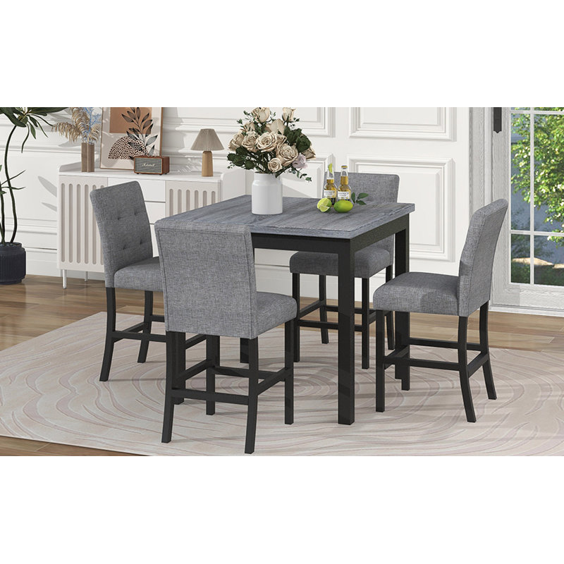 Ensemble de salle à manger à hauteur de comptoir 5 pièces avec table et chaises de salle à manger carrées en bois avec repose-pieds et 4 chaises rembourrées à haut dossier