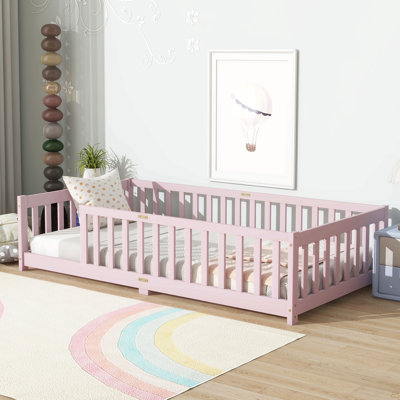 Twin Size Floor Bed With Fence Without Door, Rubber Wood Floor Bed