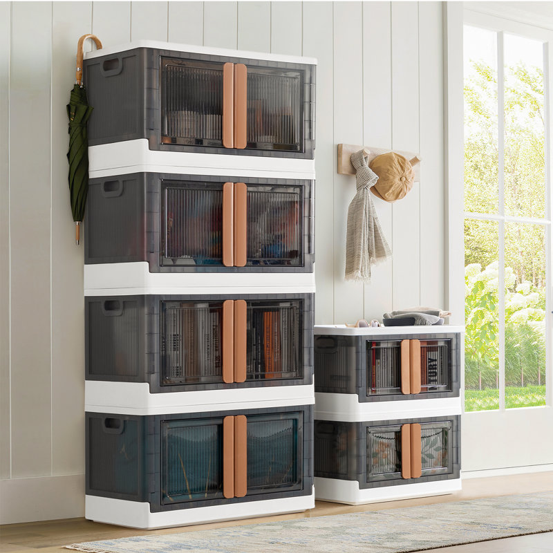 4 Pack Plastic Collapsible Storage Bins with Door and Wheels, Stackable Organizer with Lid and Handle, 80