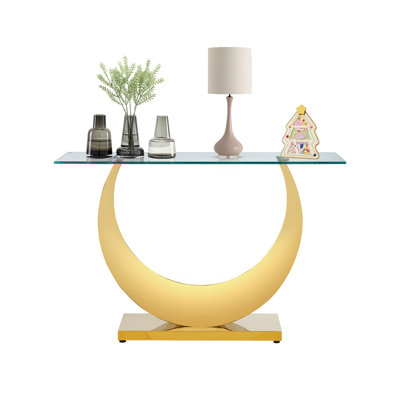 ModernĀ 47.25" Glass Entryway Console Table with Moon-Shaped Stainless Steel Pedestal Base, Long Narrow Sofa Table Behind Couch Hallway Table for Entry by Mercer41