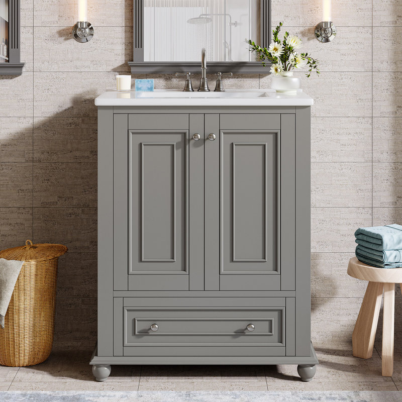 Meuble-lavabo moderne autoportant en bois massif 24 po, lavabo inclus, Gris, 24"
