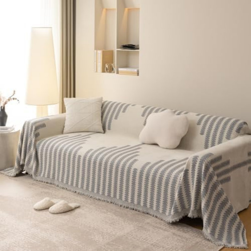 Box Cushion Sofa Slipcover, Polyester - Beige Geometric