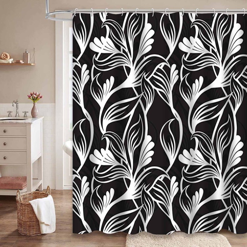 Rideau de douche noir à motif floral noir avec 12 crochets, L 72 po x l 78 po