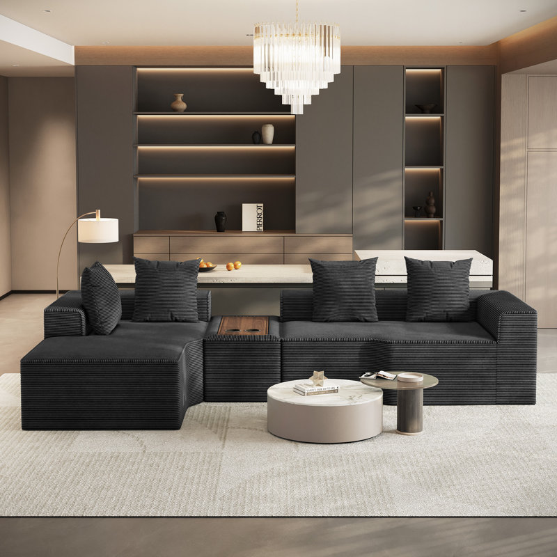 Modular Corduroy Oversize 320cm 4-Sets Boneless Sofa With End Table, No Assembly Required, With High Rebound Sponge, Black