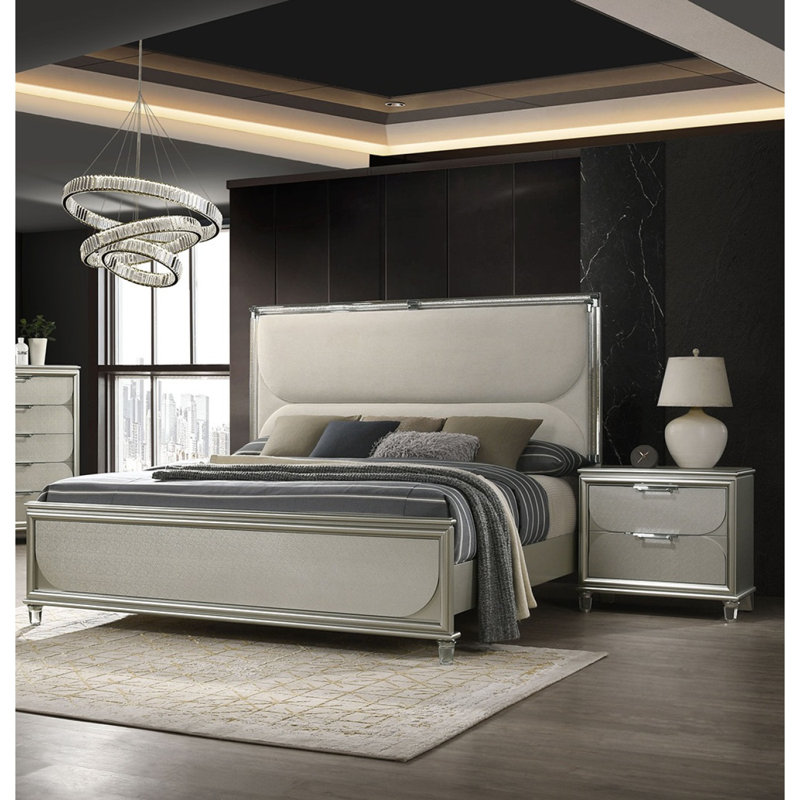Glamorous Luxury Silver Fabric Upholstered Queen Size Bed W LED 2X Nightstands Embossed Panel 3Pc Set Bedroom Furniture