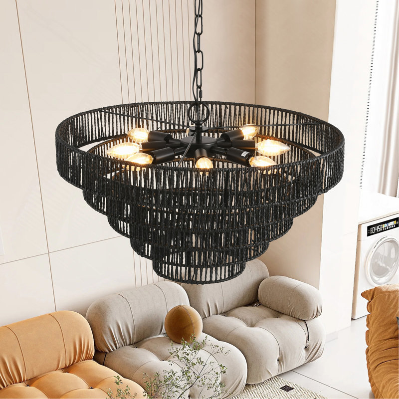 Luminaire suspendu en corde de chanvre noir à 5 niveaux avec 8 douilles E12, H 16,5 po x l 23,6 po x P 23,6 po, 8 lumières