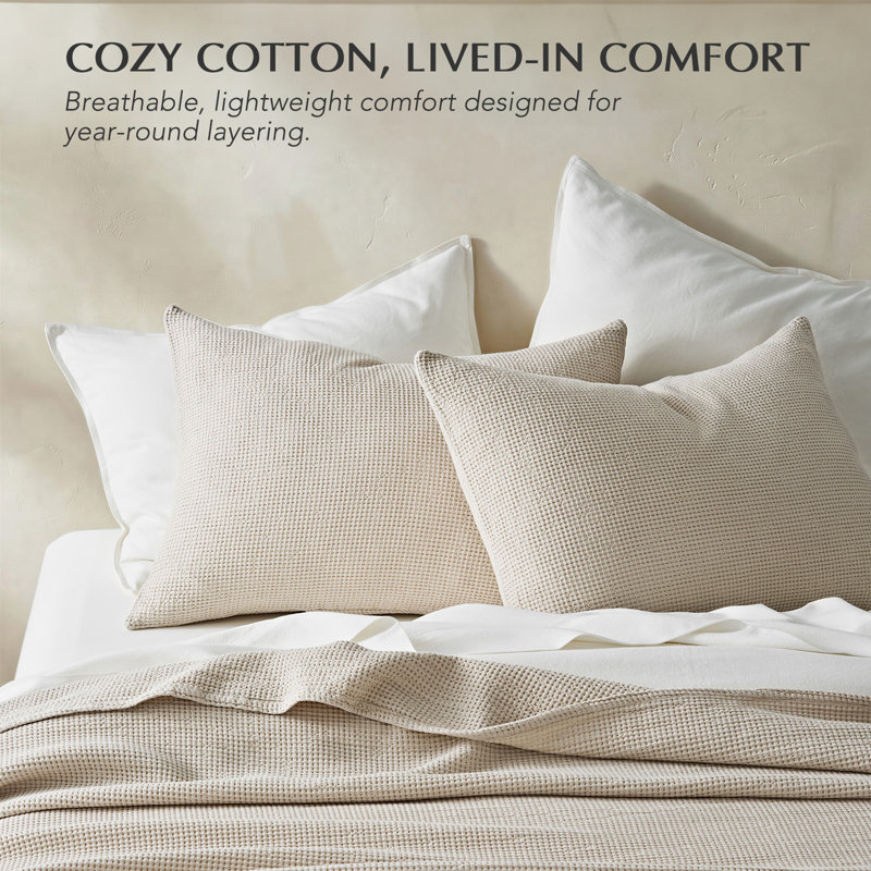 Evergrace 100% Cotton Waffle Weave Coverlet Set With Matching Shams, Lightweight Breathable All-Season Bedding, Birch