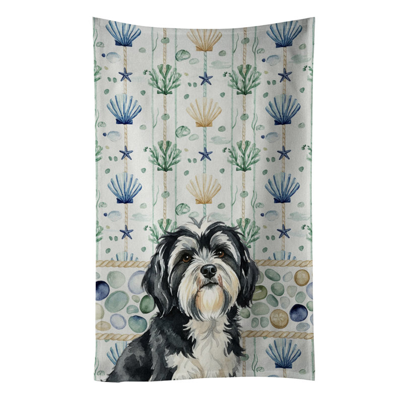 Black and White Tibetan Terrier Coastal Sea Glass Kitchen Towel, Black and White Tibetan Terrier