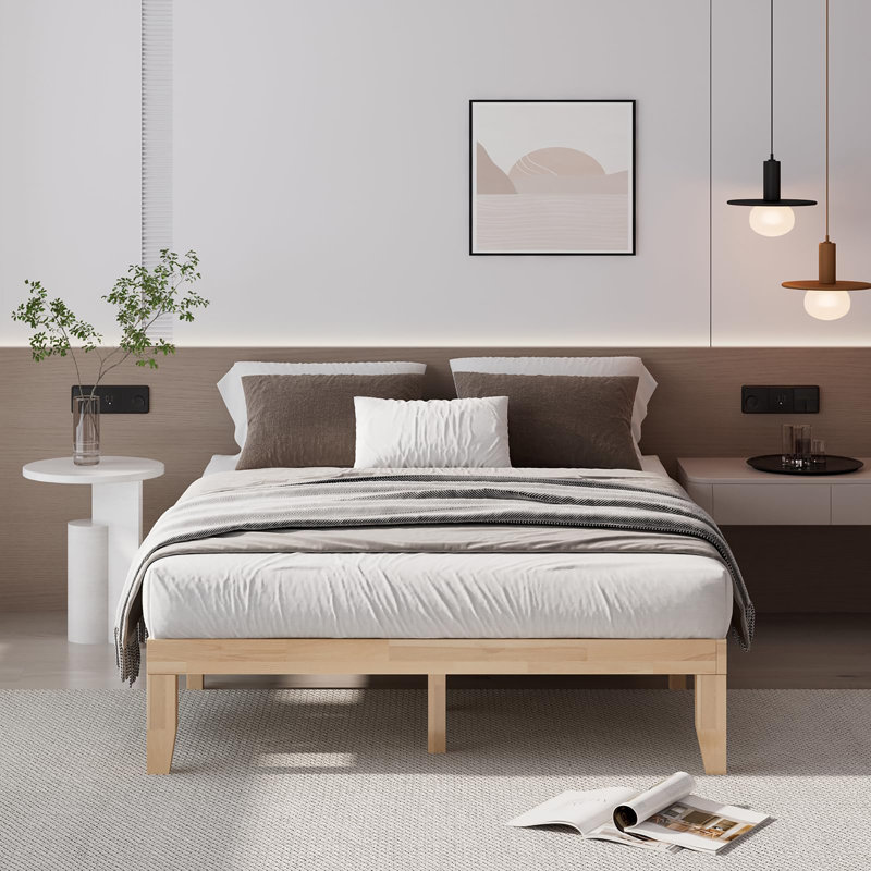 14 Inch Solid Wood Platform Bed Frame, Natural, Queen
