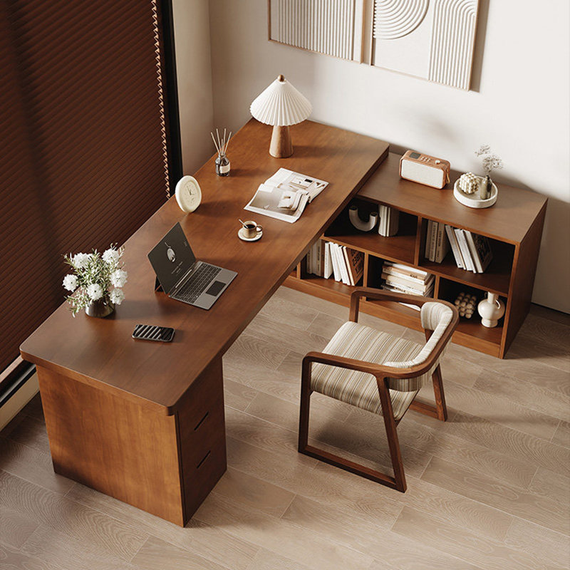 Bureau en forme de L en bois massif brun noyer avec 6 tiroirs, 29.53" H x 62.99" W x 55.12" D, Right Hand Return