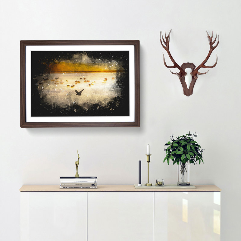 Birds On The Beach - Single Picture Frame Print on MDF, 62cm H x 87cm W x 2cm D, Walnut Framed