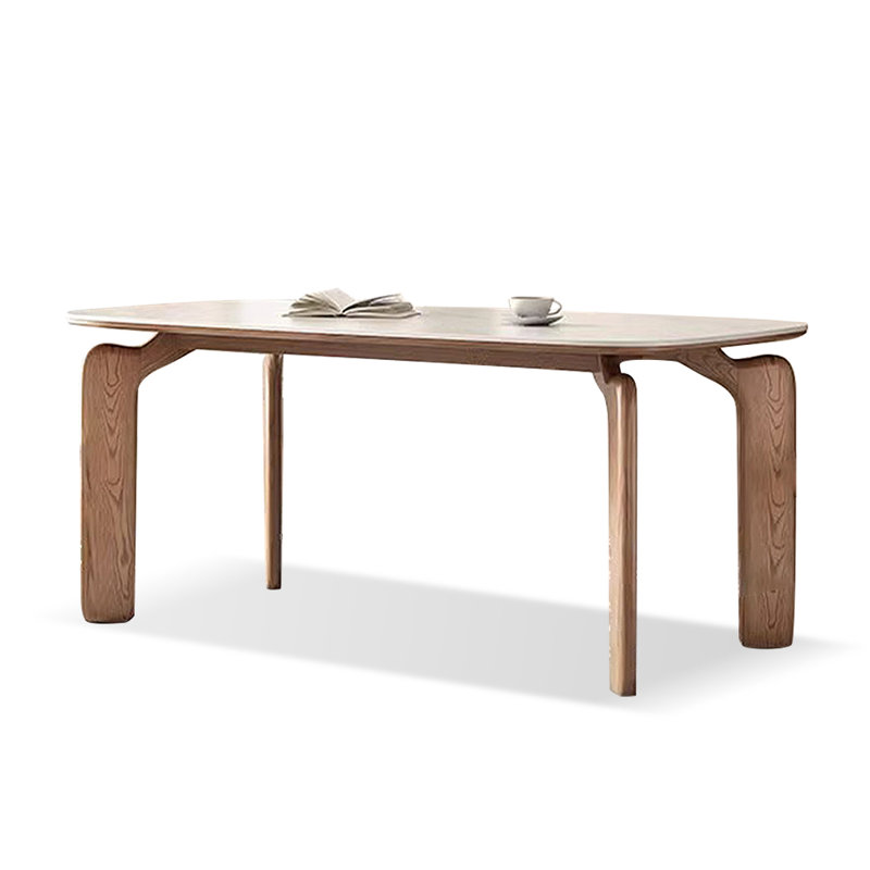 White + Nut-brown Rectangular Sintered Stone + Solid Wood Dining Table, 29.53"H x 70.87"L x 31.5"W