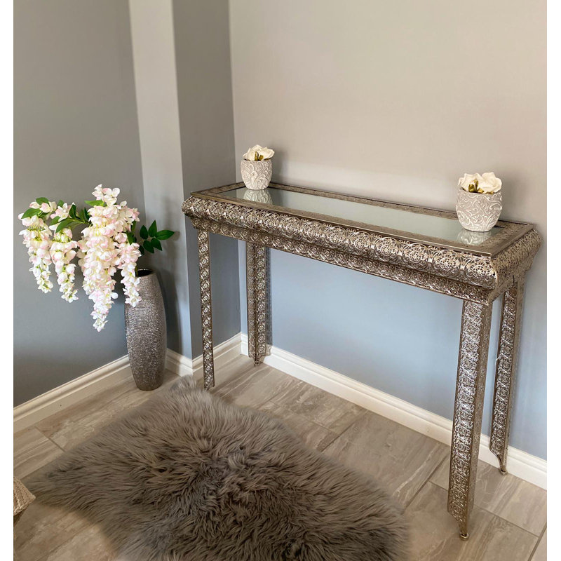 French Silver Embossed Metal & Glass Moroccan Style Console Table