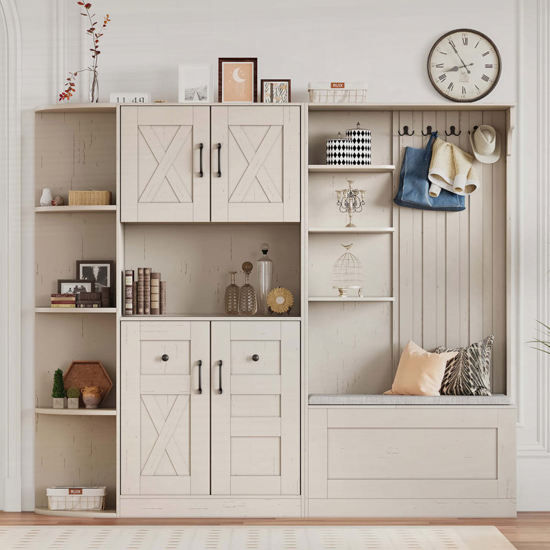 Armoire de vestibule multifonctionnelle avec rangement et crochets, Beige