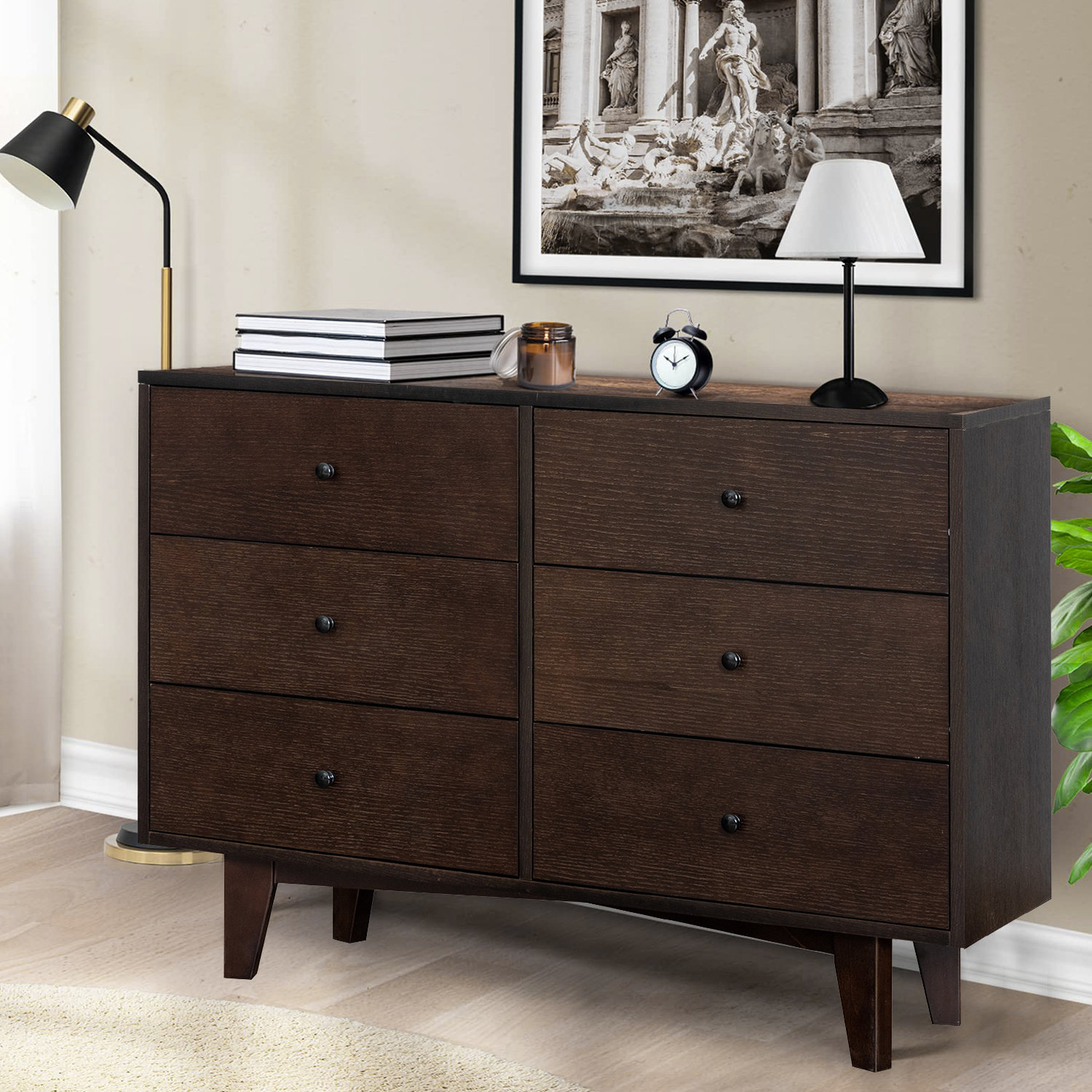 Ebern Designs Codiee Mid-Century Modern Dresser Wide 6 Chest of Drawers ...