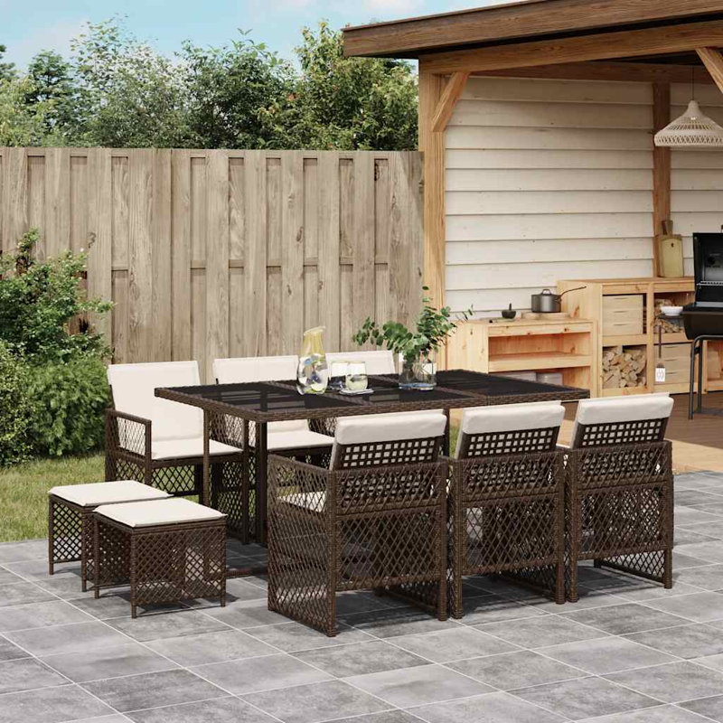 11 Piece Garden Dining Set with Cushions Poly Rattan, Cream White, Brown