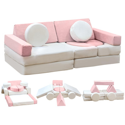 13-Piece Convertible Kids Play Couch Set | Washable Modular Foam Sofa with Velvet Covers, Space-Safe Toddler Furniture for Indoor/Outdoor Playrooms