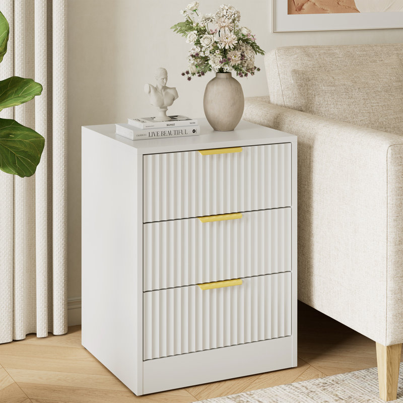 Fluted Nightstand With 3 Storage Drawers, White, 3